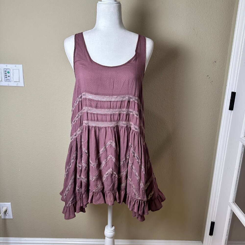 FREE PEOPLE Voile Lace Trapeze Sip Dress Mauve Polka Dot Size Small - Picture 3 of 15
